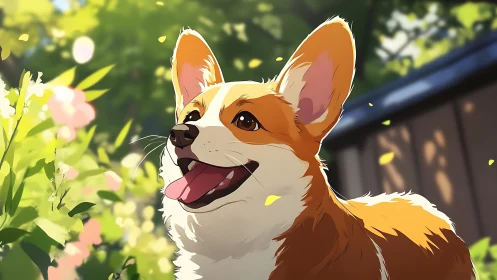 Joyful corgi soaks up golden sunlight in a peaceful garden
