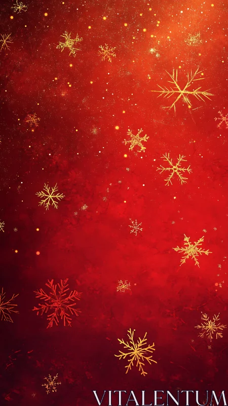 Golden snowflakes drifting through cranberry winter glow.