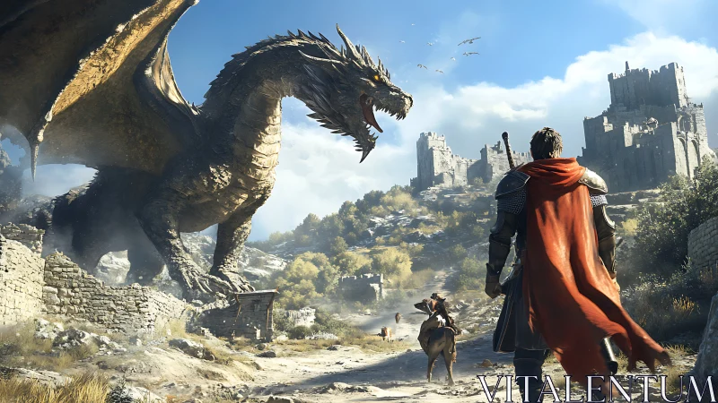 Armored warrior confronts colossal dragon before ruined citadel.