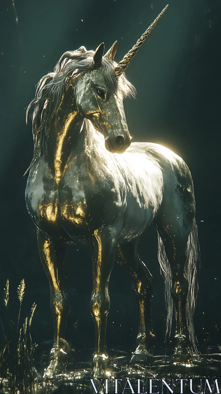 Golden ethereal unicorn stands radiant in misty forest