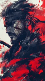 Grainy ink warrior portrait uses constrained red and slate palette