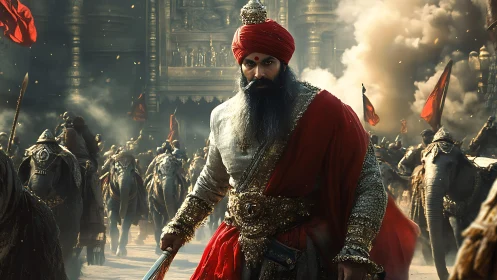 Scarlet warlord strides through thunderous elephant phalanx