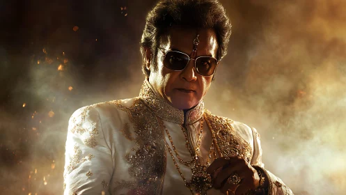 Man in ornate white attire with gold jewelry and sunglasses.