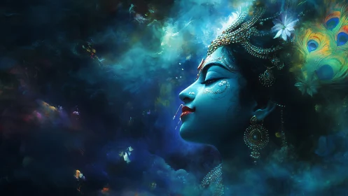 Mystic blue goddess in jeweled headdress amid cosmic mist.