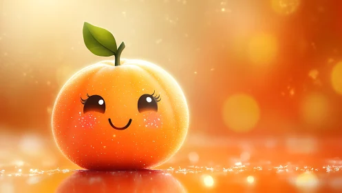 Smiling kawaii orange glows in warm sparkling bokeh light.