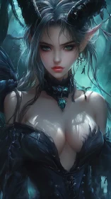 Forest-borne demon sorceress with emerald gaze and horns.