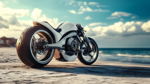 Futuristic white concept motorcycle on sunlit ocean shoreline