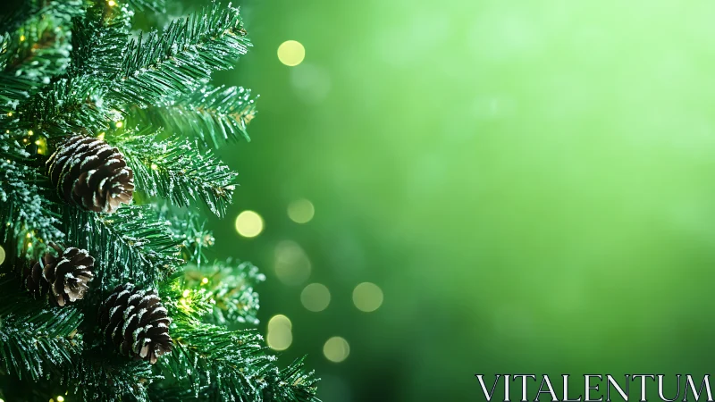 Snow-dusted pine cones hang on evergreen boughs with lights