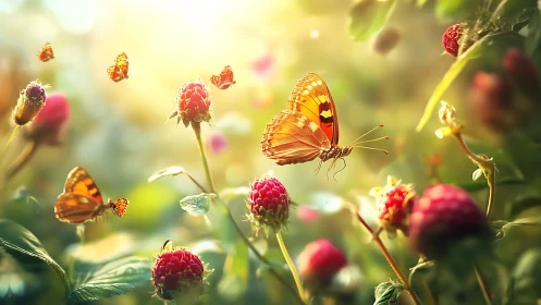 Sunlit butterfly rests over ripe raspberries in summer garden