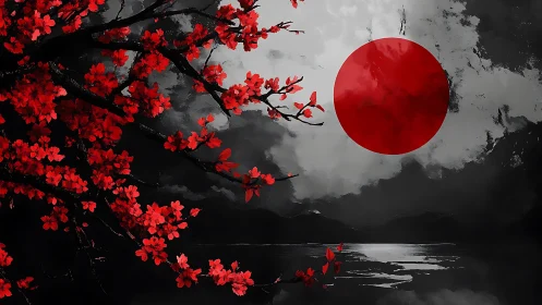 Crimson blossoms lean toward a rising painted red sun