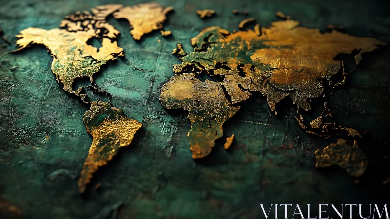 Golden textured world map glowing on deep teal background.