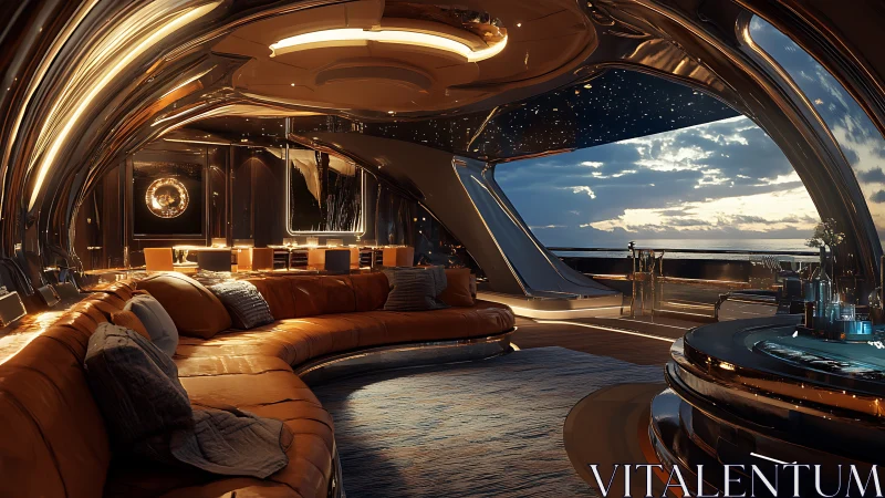 Futuristic yacht lounge with panoramic sunset view interior.