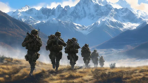 Mountain patrol crossing bright highland valley together.