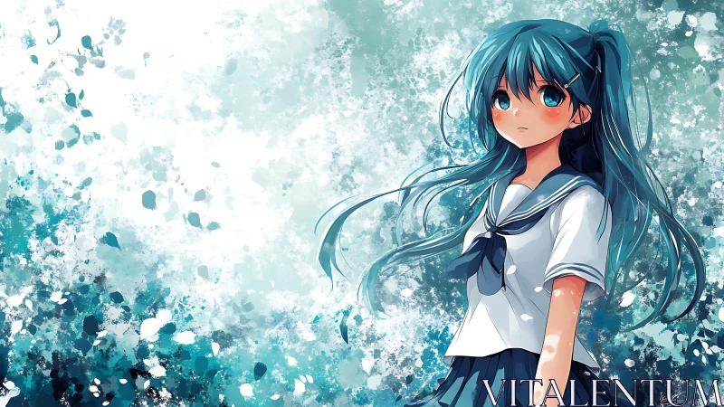 Blue-haired girl in uniform stands before abstract teal field
