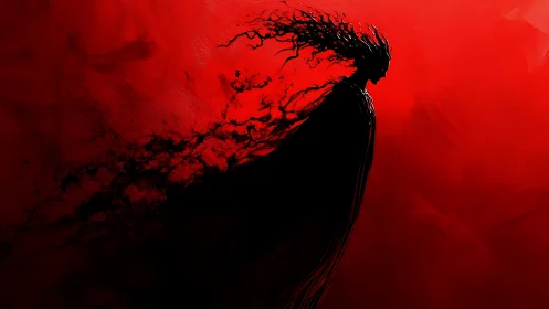 Silhouetted wraith profile dissolving into red void field.