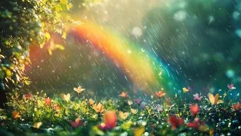 Rainbow rain over wildflower meadow in glowing light.