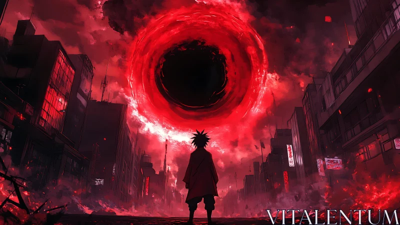 Urban event horizon under apocalyptic crimson vortex field.