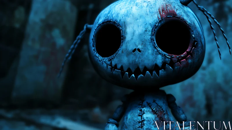 Forensically rendered stitched doll with voided ocular cavities.