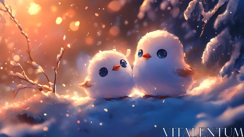 Two Fluffy Birds in Snowy Forest, Warm Digital Fantasy Art.