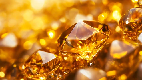 Golden gemstones macro cluster under warm radiant light.