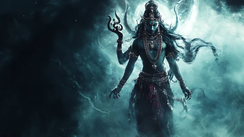 Mythic blue-skinned deity in smoke-filled digital scene.
