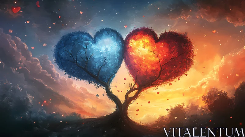 Dual Heart Tree: Fire and Ice Love Symbolism