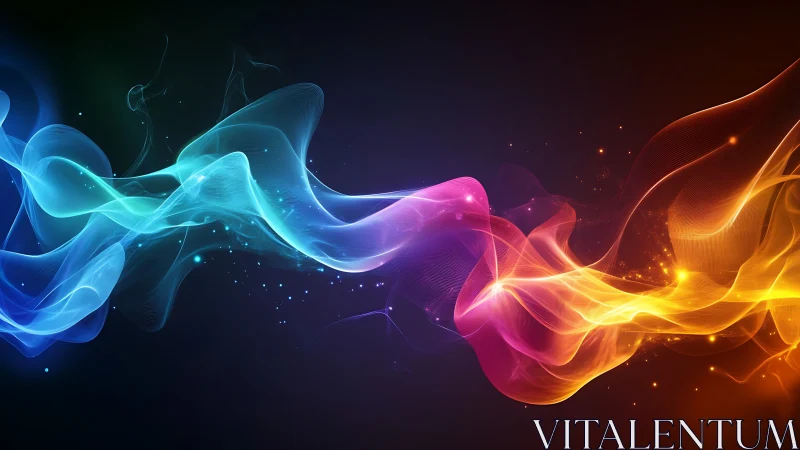 Colored light waves intersect across a dark digital field