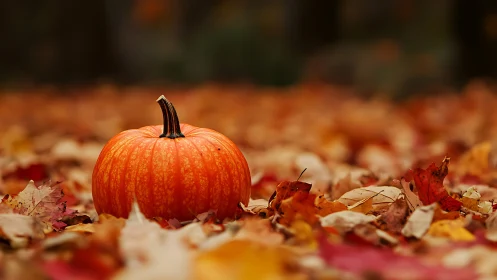 Pumpkin sits centered on dry autumn leaves in shallow focus
