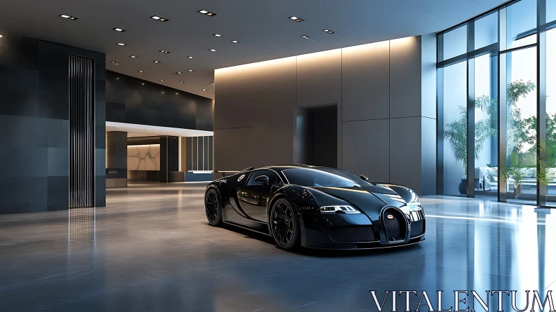 Photorealistic hypercar in minimalist glass atrium interior.