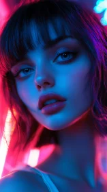 Neon-lit portrait of a dreamy girl in soft blue and pink glow.