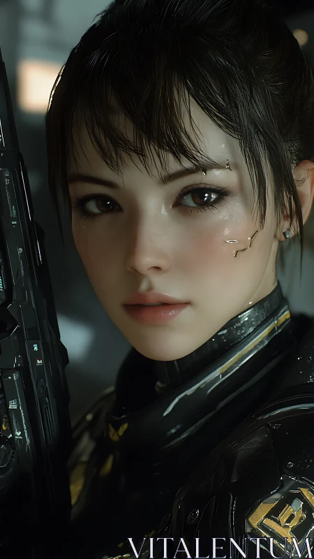 Female cybernetic soldier with rifle in close portrait view.