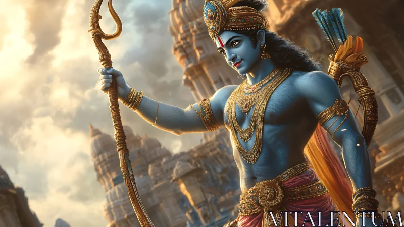 Blue-skinned armed figure stands before carved stone temples