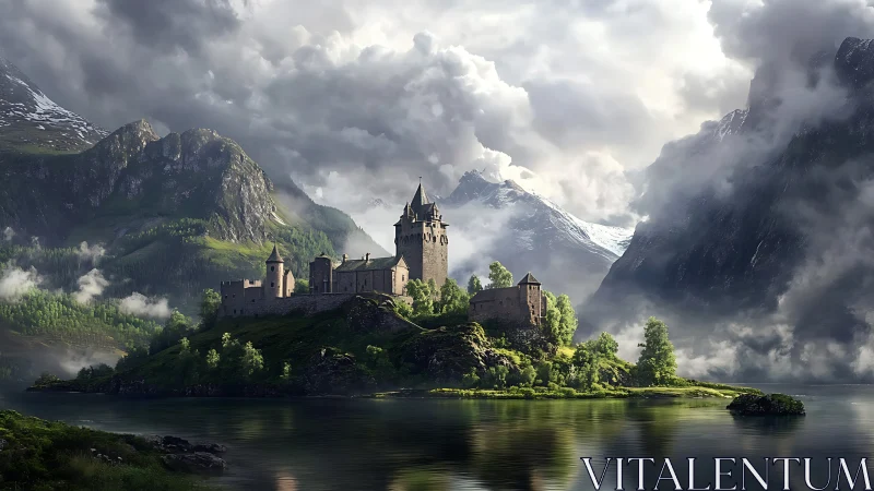 Neuschwanstein Castle lakeside composition with Alpine mountains and atmospheric volumetric clouds