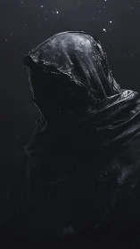 Silent hooded wanderer wrapped in midnight shadows.