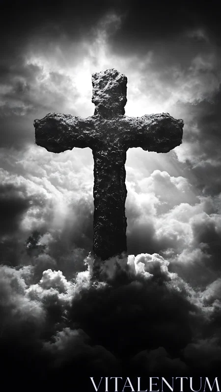 Storm-scarred stone cross rises through thunderhead light