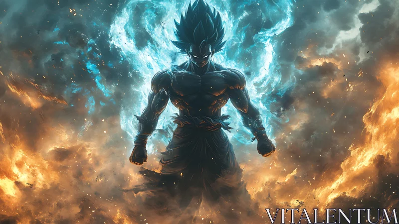 Muscular energy figure amid blue aura and orange flames.