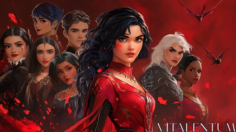 Scarlet-clad heroine and allies amid fiery fantasy storm.