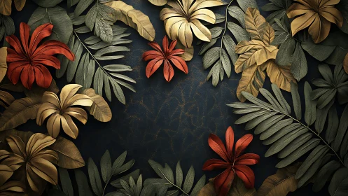 Tropical foliage and flowers forming symmetrical border pattern.