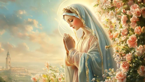 Praying veiled woman stands amid roses under glowing sky