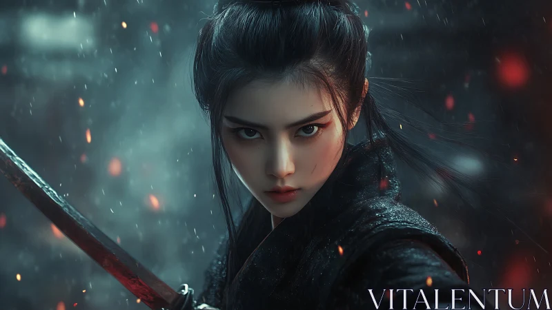 Steely-eyed warrior grips bloodied katana amid burning dusk.