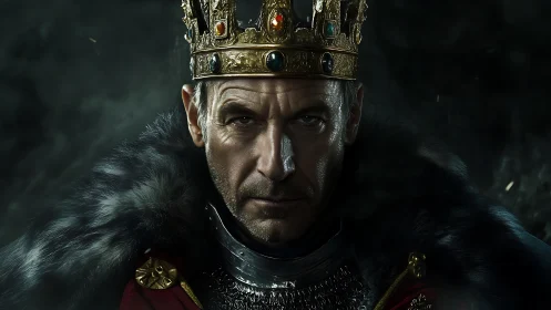 Stern crowned monarch stares forward in moody low light