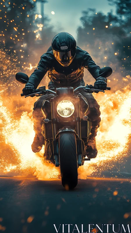 Armored motorcyclist accelerates through cinematic fire burst
