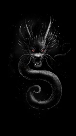 Black serpentine dragon head emerges with glowing red eyes
