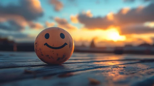 Smiley face ball rests on wooden pier at vibrant sunset.