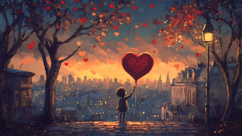 Child Holding Heart Balloon Above Glowing City Skyline.