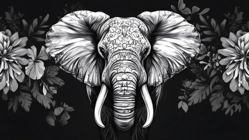 Elephant portrait merges florals and ornate monochrome patterns.