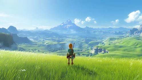 Young adventurer gazing over a bright, boundless valley.