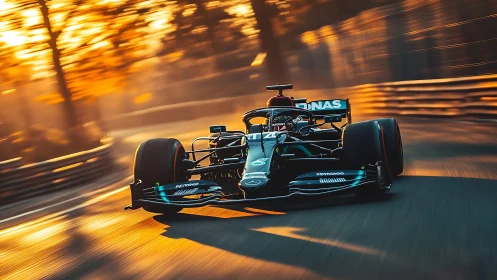 Formula racing car cuts glowing sunset circuit at speed.