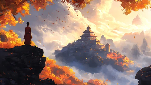 Monk surveys tiered mountain temple amid volumetric autumn light