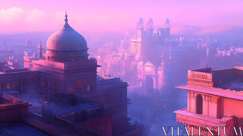 Dreamy pink sunrise over misty domed fantasy cityscape.